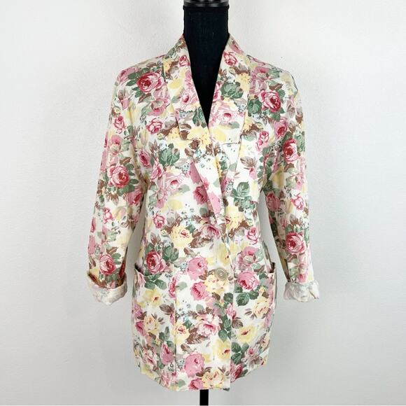 Vintage 80s Peabody House Floral Rose Print Blazer Jacket Pastel Longline Medium - Picture 2 of 10